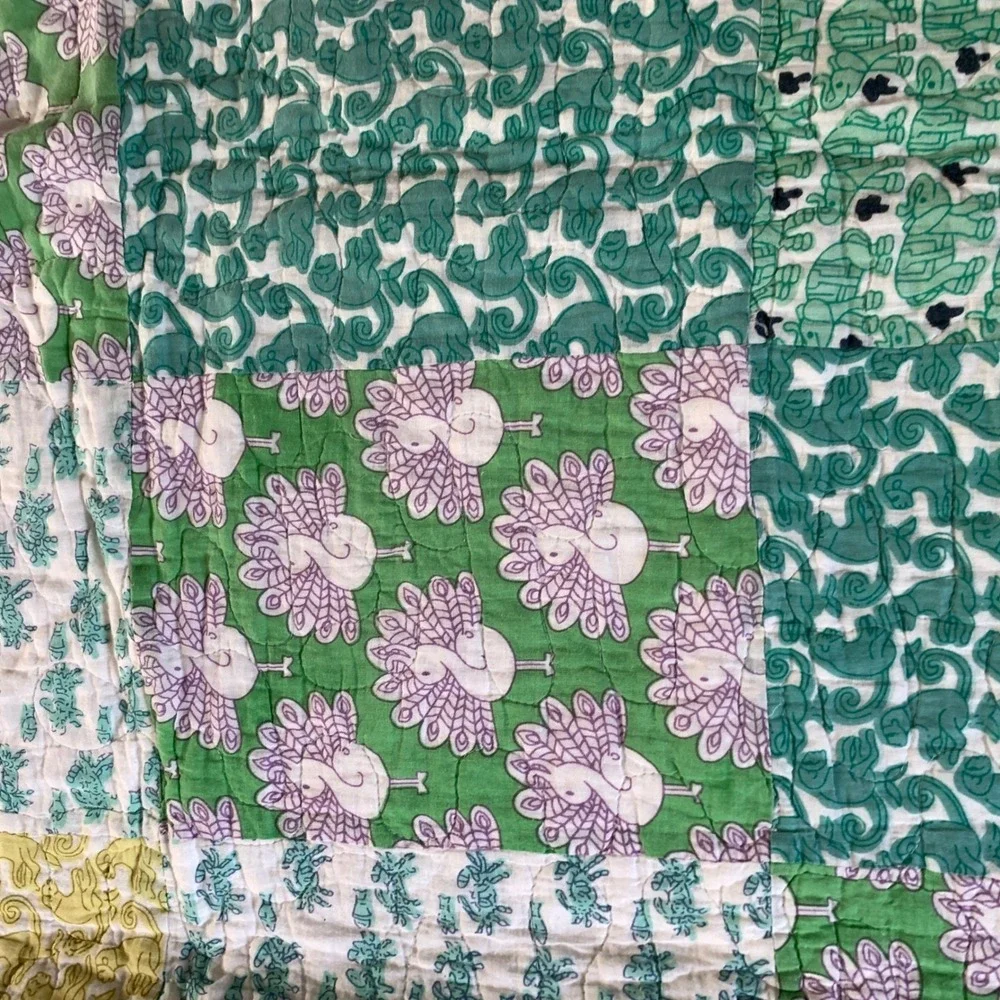 Quilted Patchwork Throw Blanket Multi Green 100% Cotton Block Print Animal‎